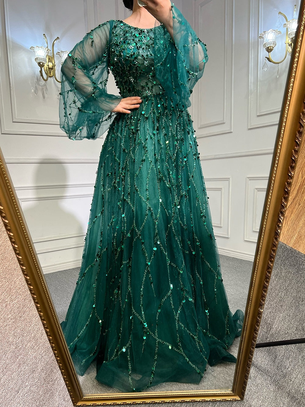 Muslim Green A-Line Luxury Evening Dreses Gowns 2025 O-Neck Puff Sleeves Beaded Sexy Formal Woman Party LA71049A