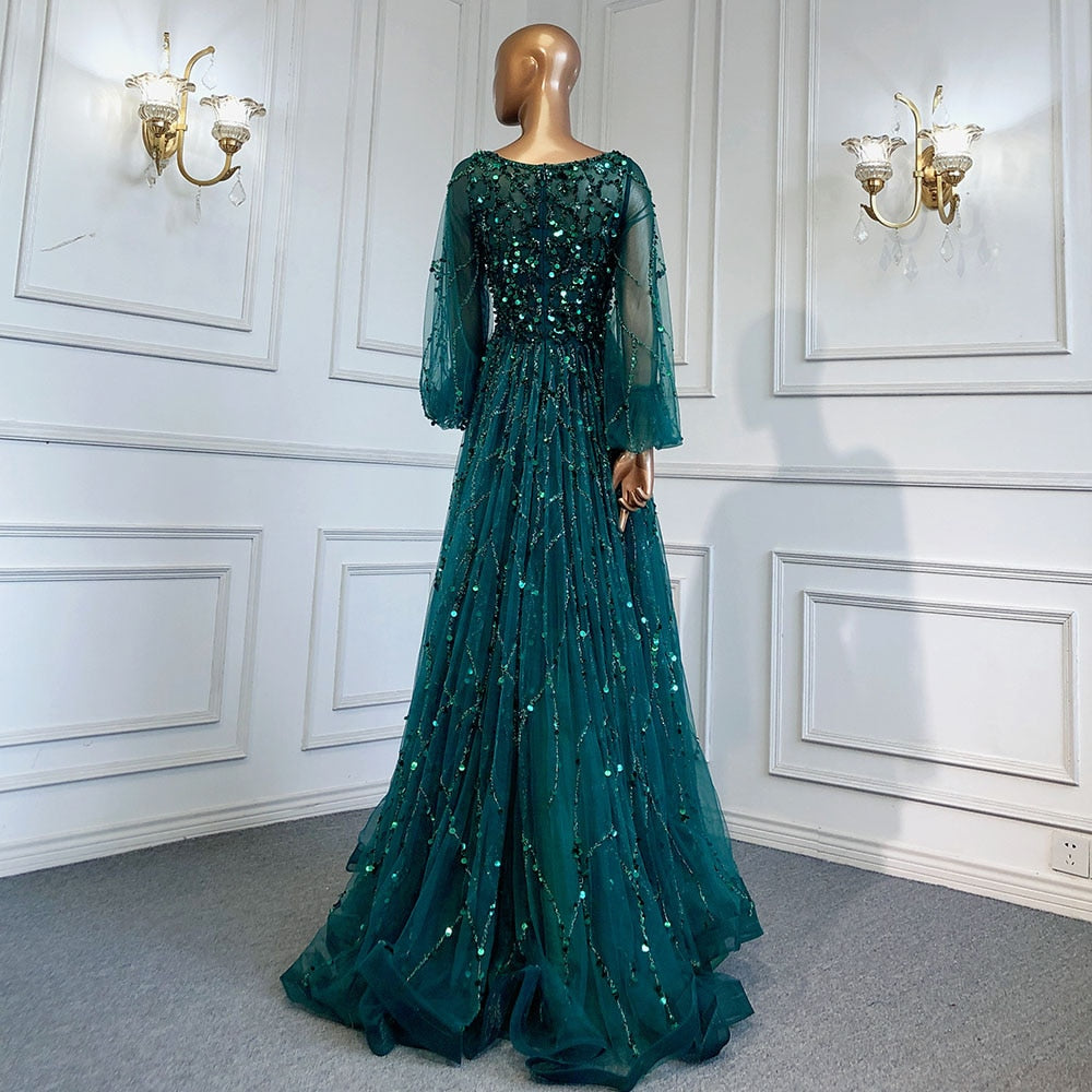 Muslim Green A-Line Luxury Evening Dreses Gowns 2025 O-Neck Puff Sleeves Beaded Sexy Formal Woman Party LA71049A