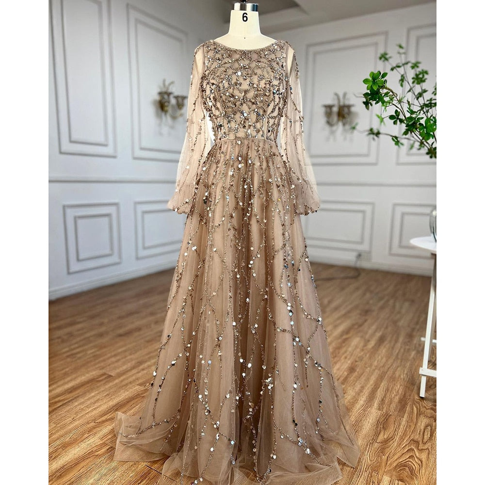 Muslim Green A-Line Luxury Evening Dreses Gowns 2025 O-Neck Puff Sleeves Beaded Sexy Formal Woman Party LA71049A