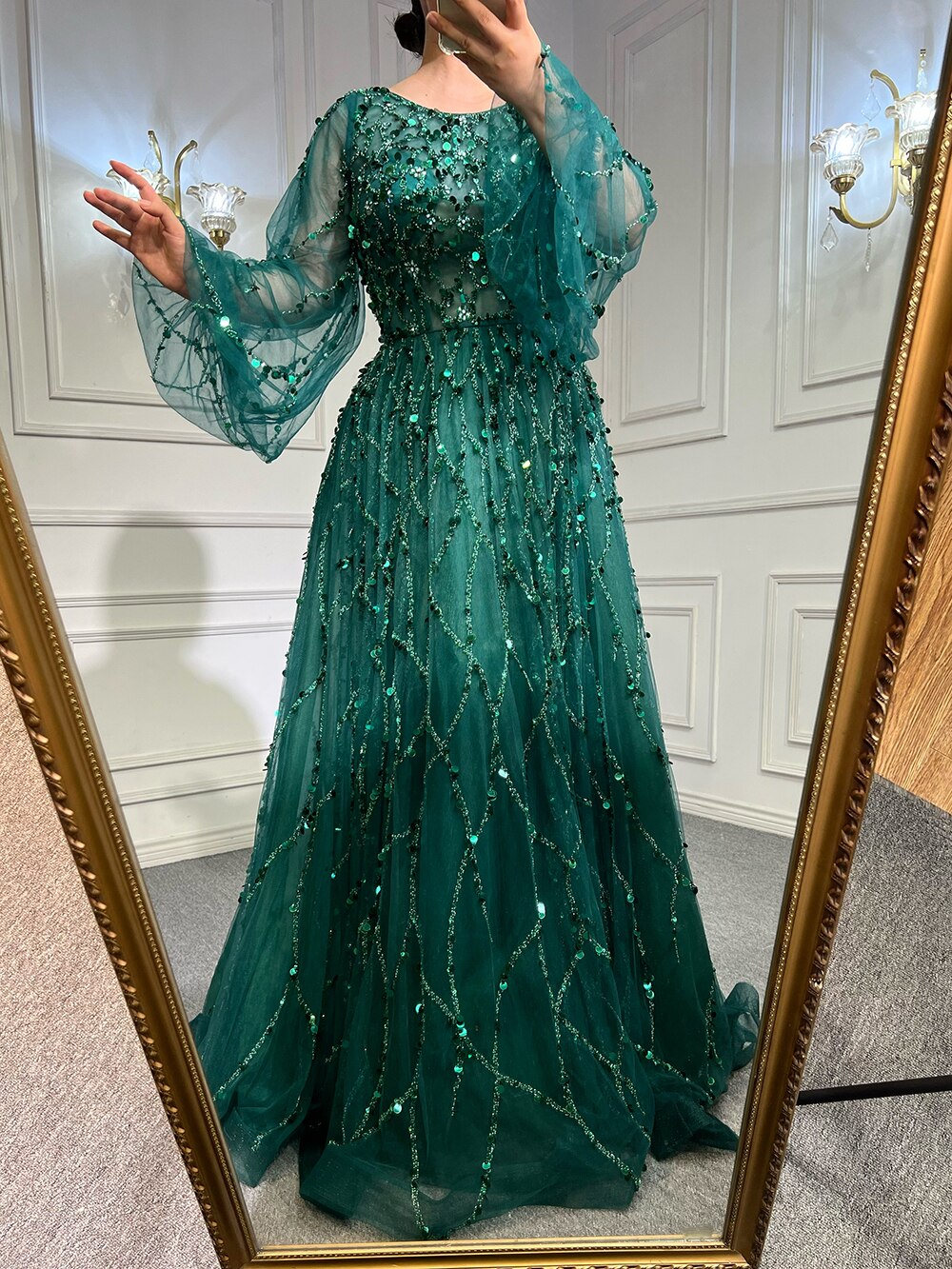 Muslim Green A-Line Luxury Evening Dreses Gowns 2025 O-Neck Puff Sleeves Beaded Sexy Formal Woman Party LA71049A