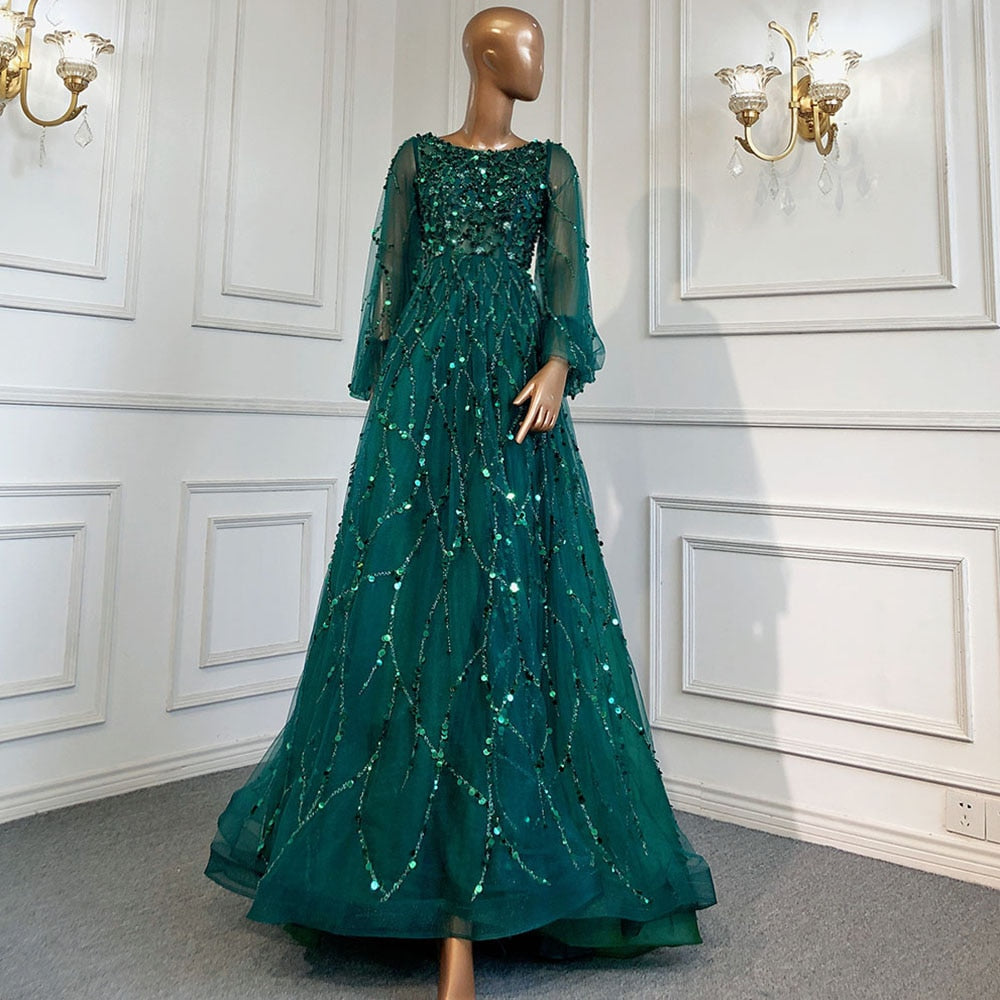 Muslim Green A-Line Luxury Evening Dreses Gowns 2025 O-Neck Puff Sleeves Beaded Sexy Formal Woman Party LA71049A