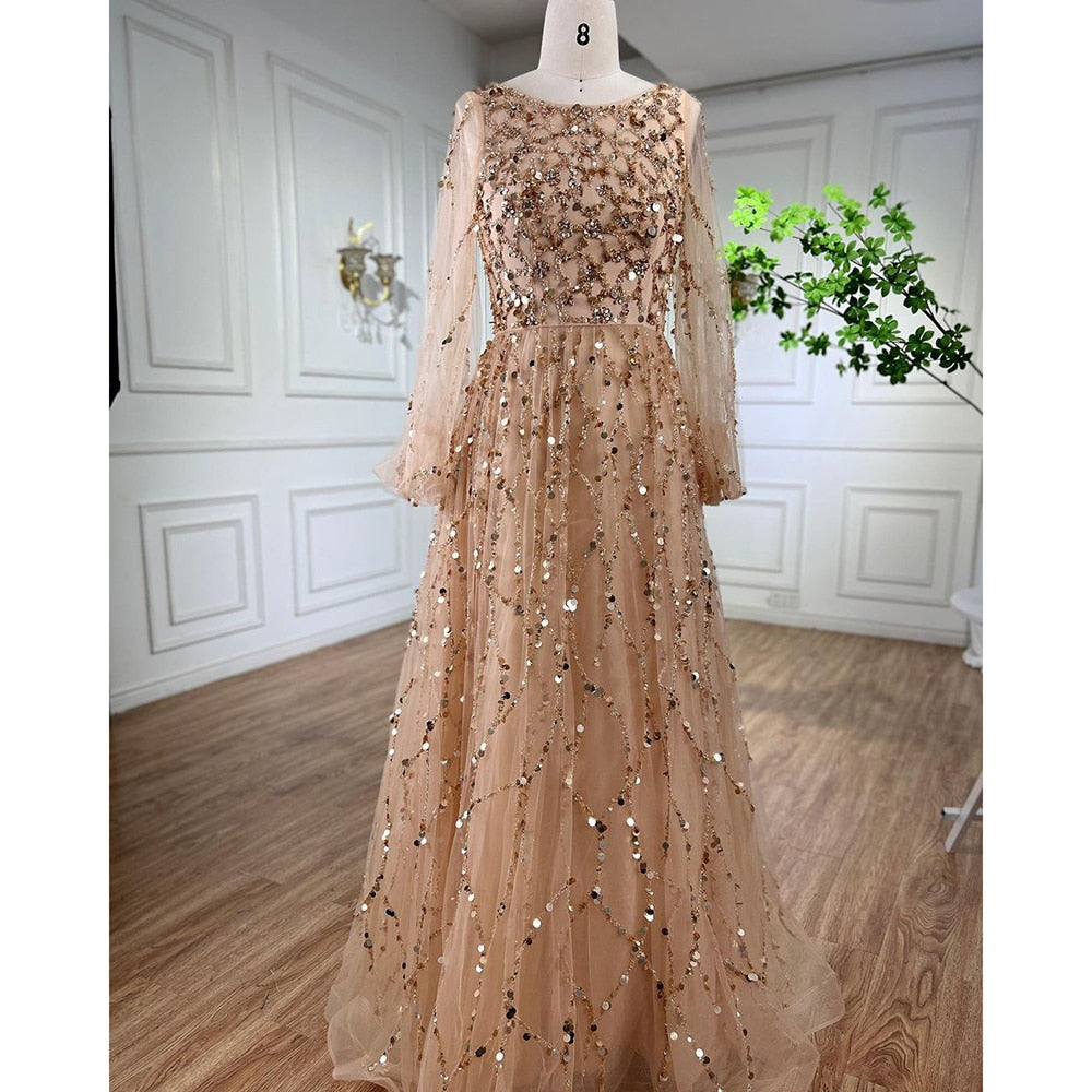 Muslim Green A-Line Luxury Evening Dreses Gowns 2025 O-Neck Puff Sleeves Beaded Sexy Formal Woman Party LA71049A