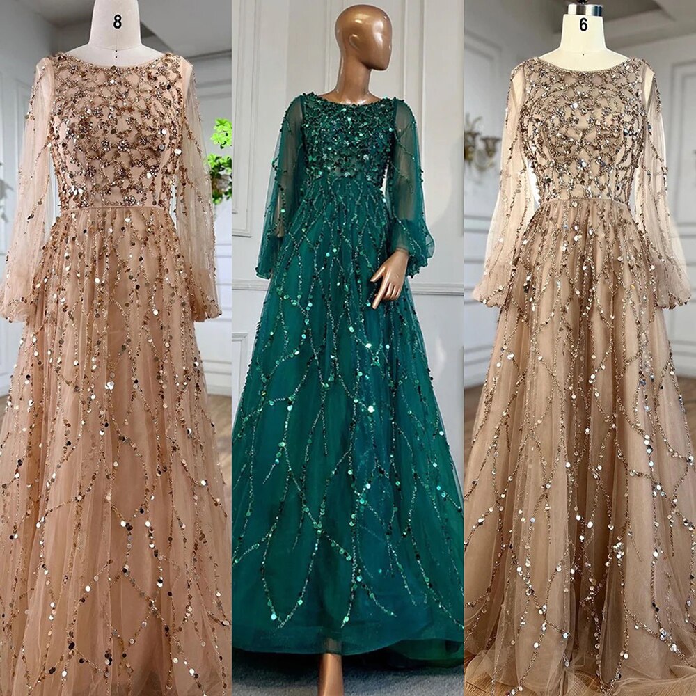 Muslim Green A-Line Luxury Evening Dreses Gowns 2025 O-Neck Puff Sleeves Beaded Sexy Formal Woman Party LA71049A