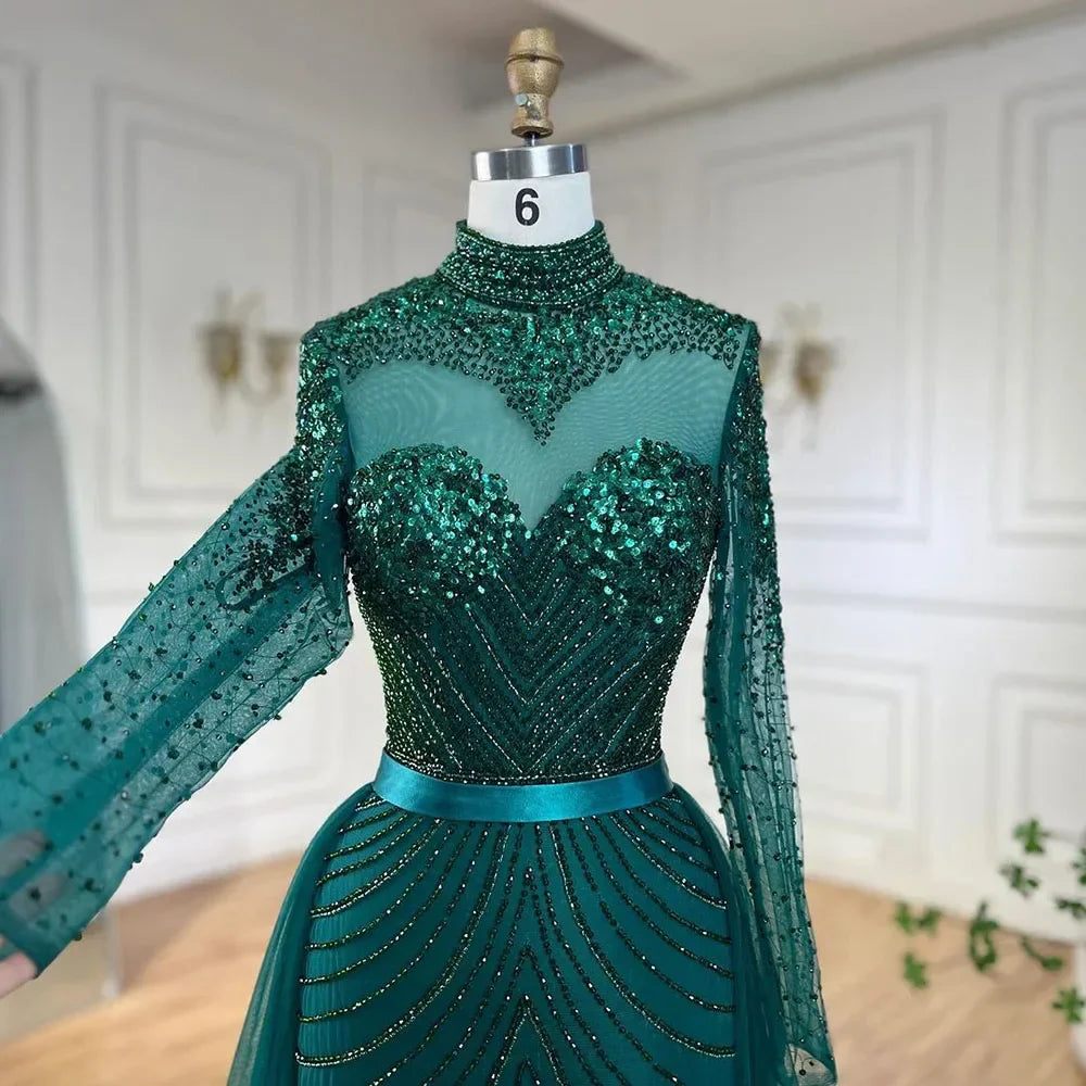 Muslim Green Elegant Mermaid Luxury Lace Beaded Arabic Evening Dresses Gowns For Women Wedding Party 2025 LA71913