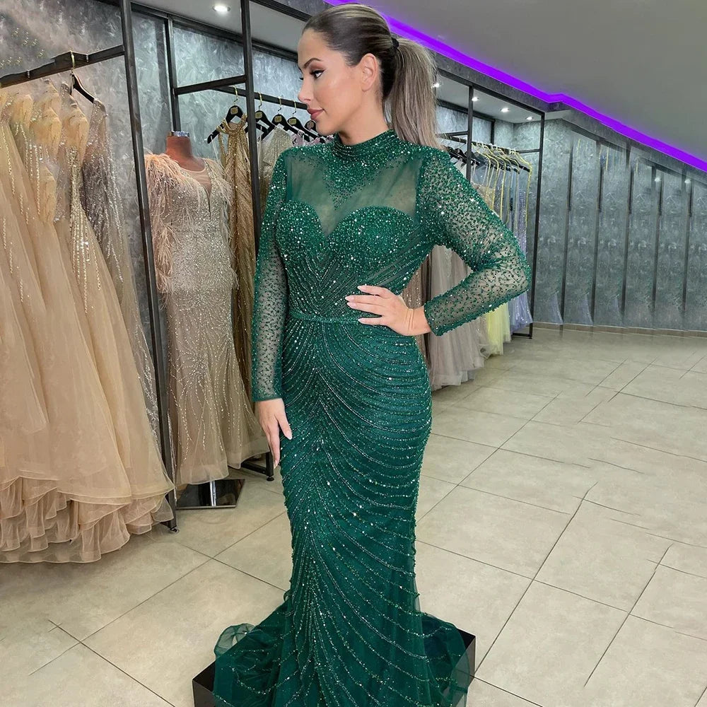 Muslim Green Elegant Mermaid Luxury Lace Beaded Arabic Evening Dresses Gowns For Women Wedding Party 2025 LA71913