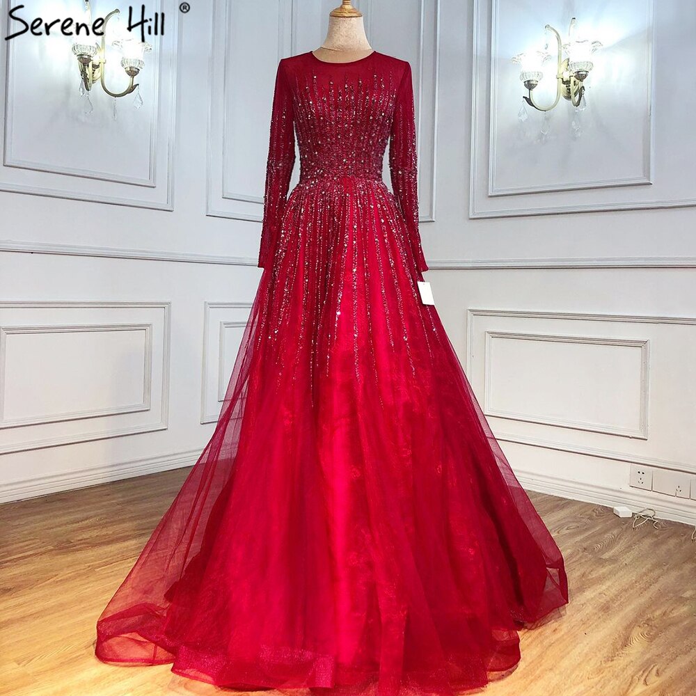Muslim Green Luxury Evening Dresses Gowns 2025 A-Line Beading Long Sleeves For Women Party LA70927