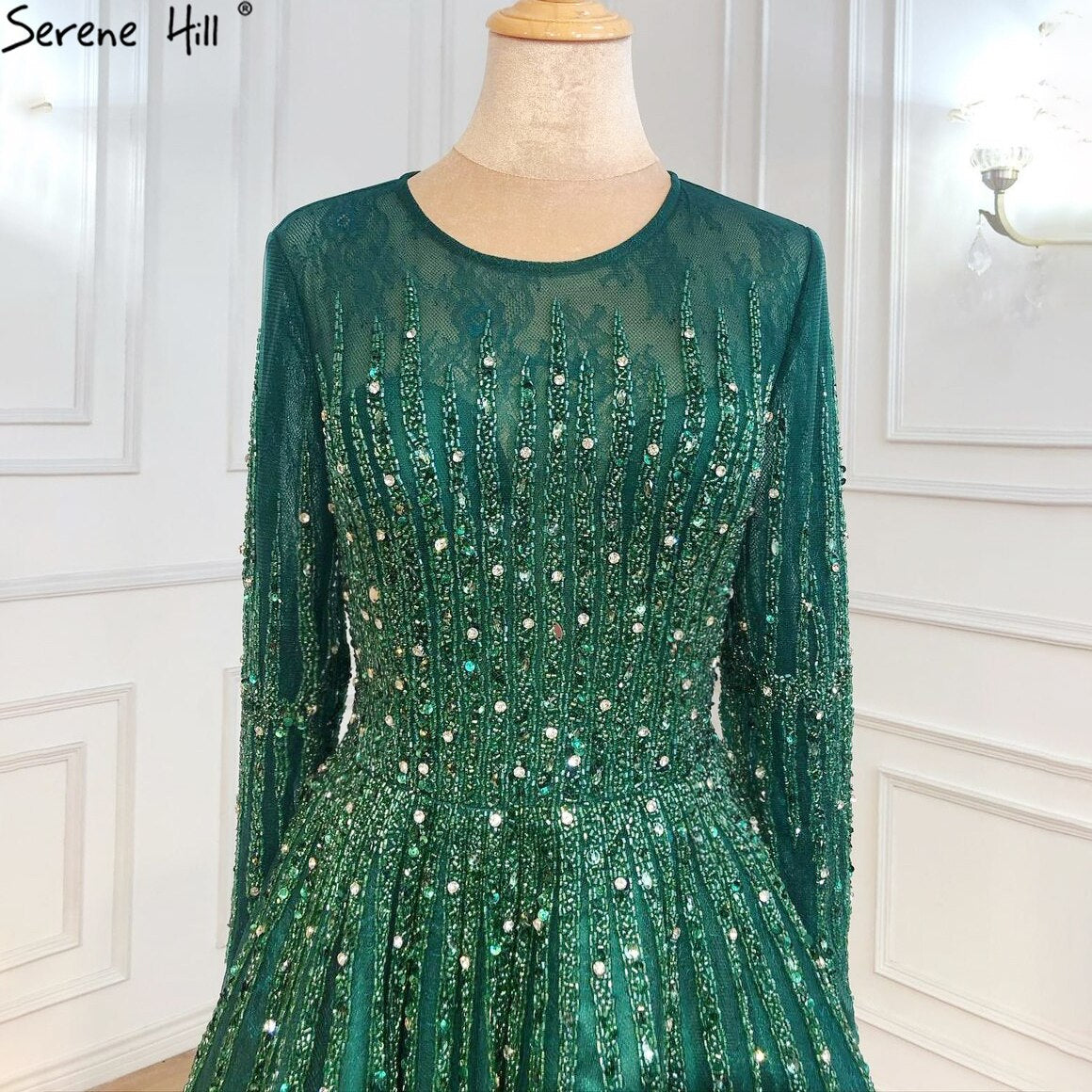Muslim Green Luxury Evening Dresses Gowns 2025 A-Line Beading Long Sleeves For Women Party LA70927