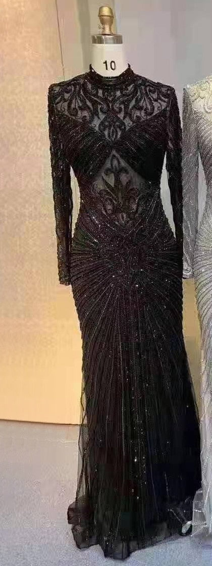 Muslim Green Mermaid Elegant High Neck Luxury Beaded Evening Dresses Gowns 2025 فساتين نسائية شحن مجاني LA71776