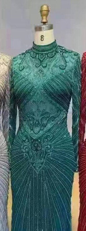 Muslim Green Mermaid Elegant High Neck Luxury Beaded Evening Dresses Gowns 2025 فساتين نسائية شحن مجاني LA71776
