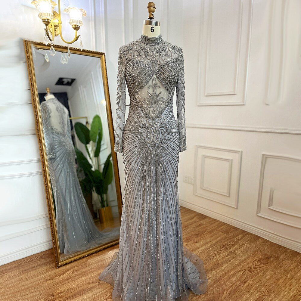 Muslim Green Mermaid Elegant High Neck Luxury Beaded Evening Dresses Gowns 2025 For Women Party LA71776