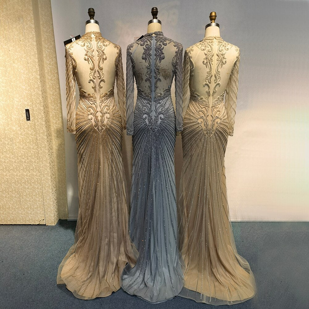 Muslim Green Mermaid Elegant High Neck Luxury Beaded Evening Dresses Gowns 2025 For Women Party LA71776