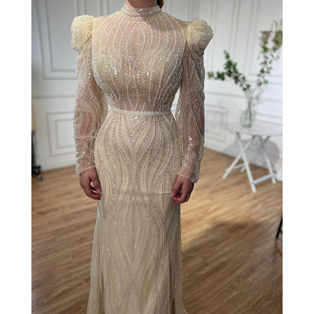 Muslim Green Mermaid Elegant Luxury Beaded Arabic Long Evening Dresses Gowns For Women Wedding Party 2025 LA72134