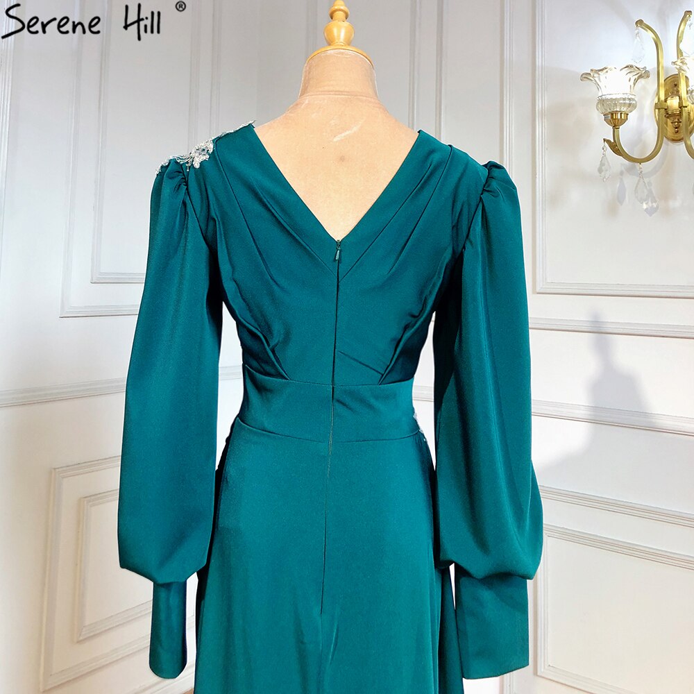 Muslim Green Mermaid Overskirt Evening Dresses Gowns 2025 Elegant Luxury Beaded Satin For Women Party LA71491