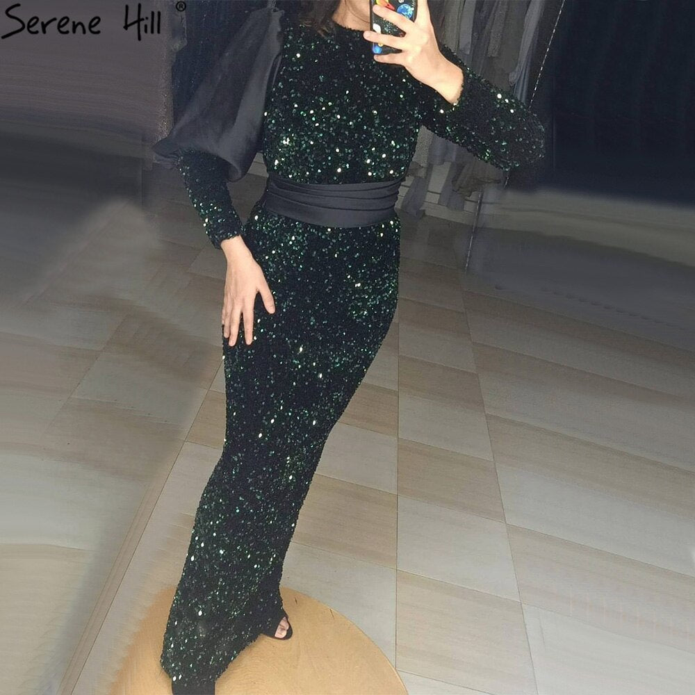 Muslim Green Mermaid With Train Sparkle Elegant Luxury Long Sleeves For Women Party 2025 LA71019