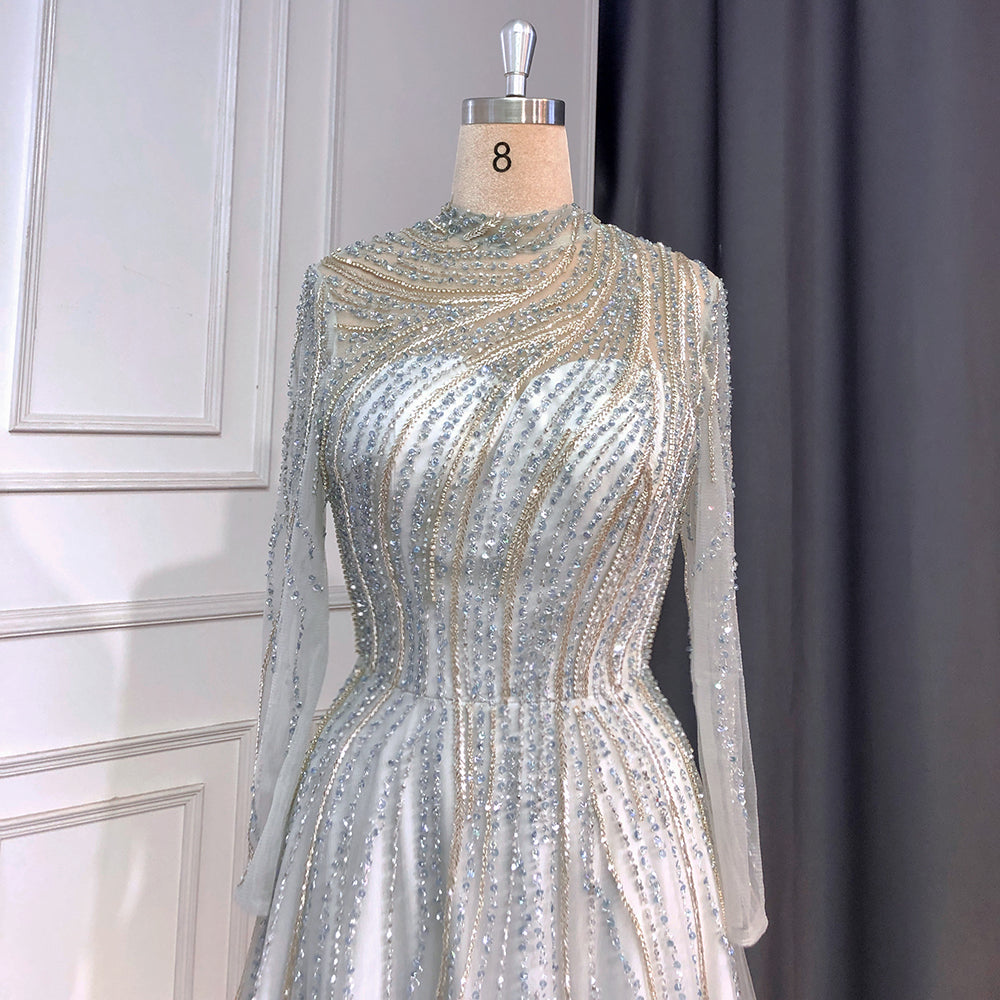 Muslim Grey A-Line Evening Dresses High Neck Long Arm Gowns 2025 Luxury Beaded For Women Party LA71692