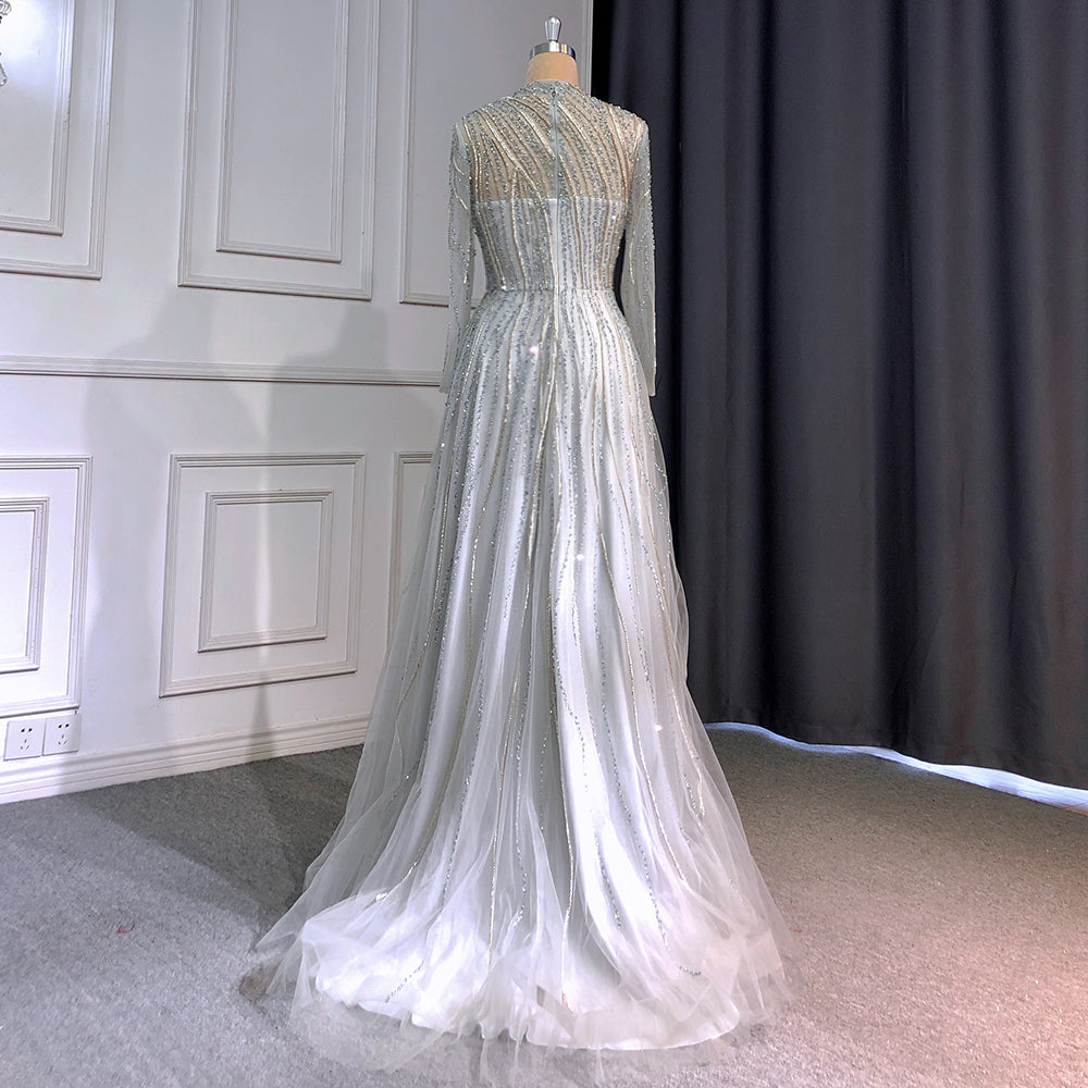 Muslim Grey A-Line Evening Dresses High Neck Long Arm Gowns 2025 Luxury Beaded For Women Party LA71692