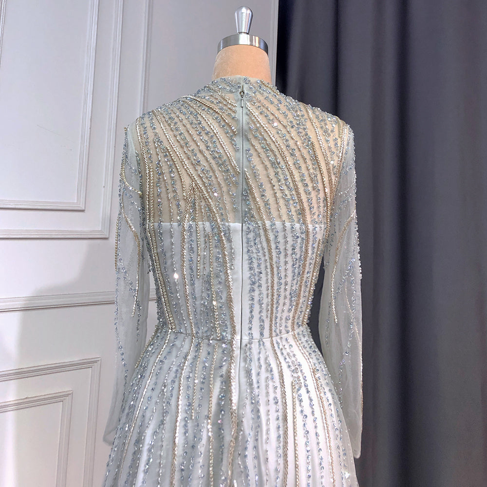 Muslim Grey A-Line Evening Dresses High Neck Long Arm Gowns 2025 Luxury Beaded For Women Party LA71692