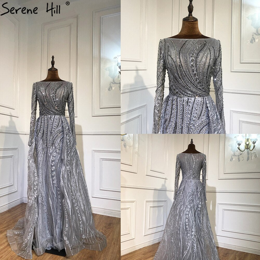 Muslim Grey Beaded With Overskirt Mermaid Evening Dresses Gowns Elegant For Women Party Plus Size LA70836