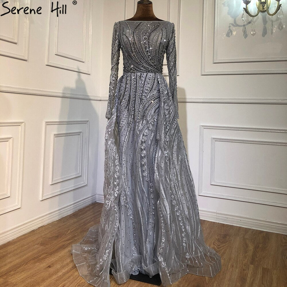 Muslim Grey Beaded With Overskirt Mermaid Evening Dresses Gowns Elegant For Women Party Plus Size LA70836