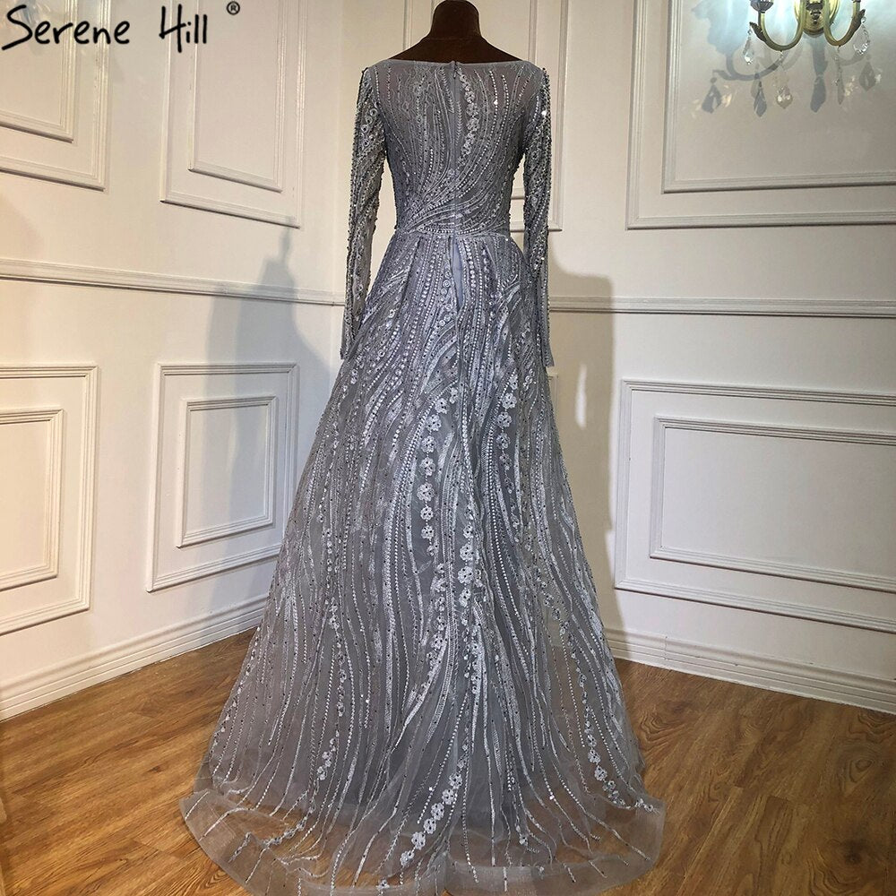 Muslim Grey Beaded With Overskirt Mermaid Evening Dresses Gowns Elegant For Women Party Plus Size LA70836