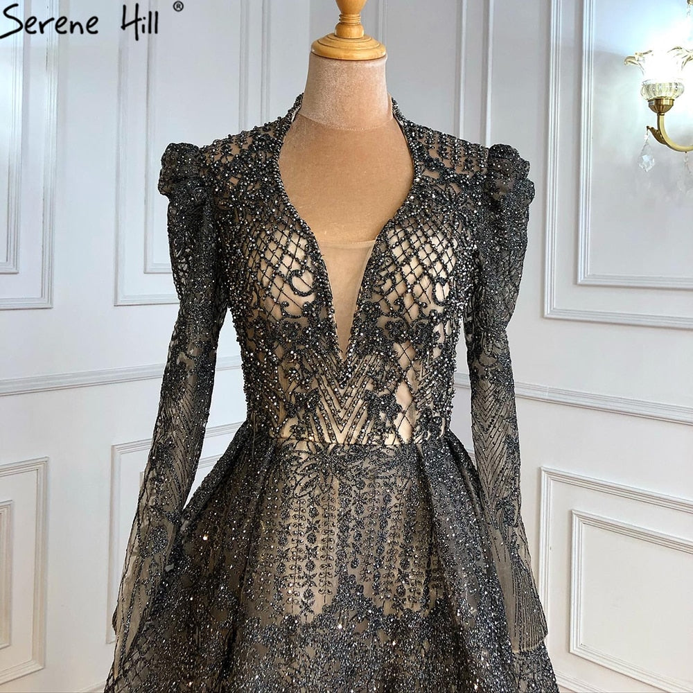 Muslim Grey Luxury A lineEvening Dresses Gowns 2025 A-Line Beading For Woman Wedding Party LA71126
