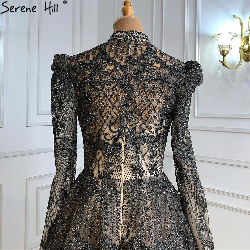 Muslim Grey Luxury A lineEvening Dresses Gowns 2025 A-Line Beading For Woman Wedding Party LA71126