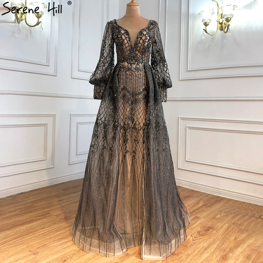 Muslim Grey Luxury Beading With Train Mermaid Evening Dresses Gowns 2025 For Woman Party LA71056