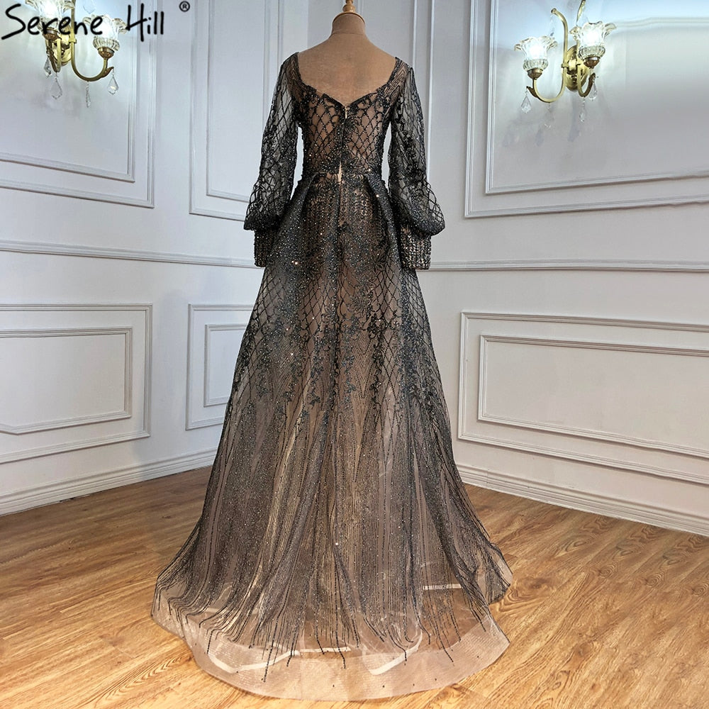 Muslim Grey Luxury Beading With Train Mermaid Evening Dresses Gowns 2025 For Woman Party LA71056
