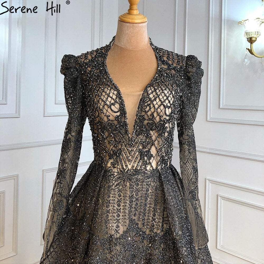Muslim Grey Elegant Evening Dresses Long 2025 A-Line Beaded Wedding Party Gowns For Woman LA71126