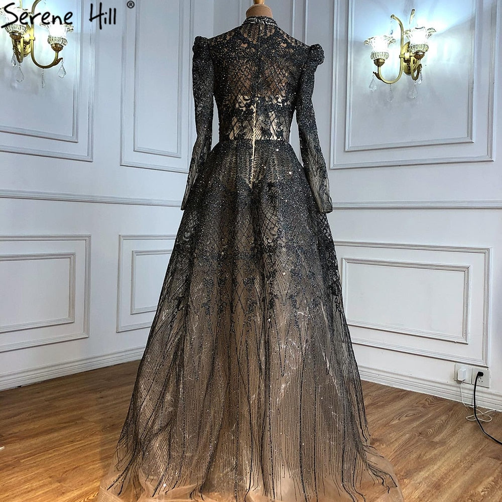 Muslim Grey Elegant Evening Dresses Long 2025 A-Line Beaded Wedding Party Gowns For Woman LA71126