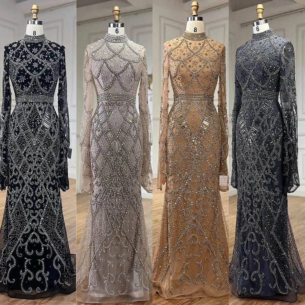 Muslim Grey Mermaid Elegant Nude Cape Sleeve Beaded Luxury Dubai Long Evening Dress 2025 Women's Party LA72316