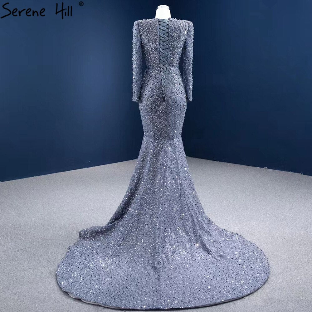 Muslim Grey Mermaid Evening Dresses 2025 Beaded Elegant Luxury Formal Dress HM67272
