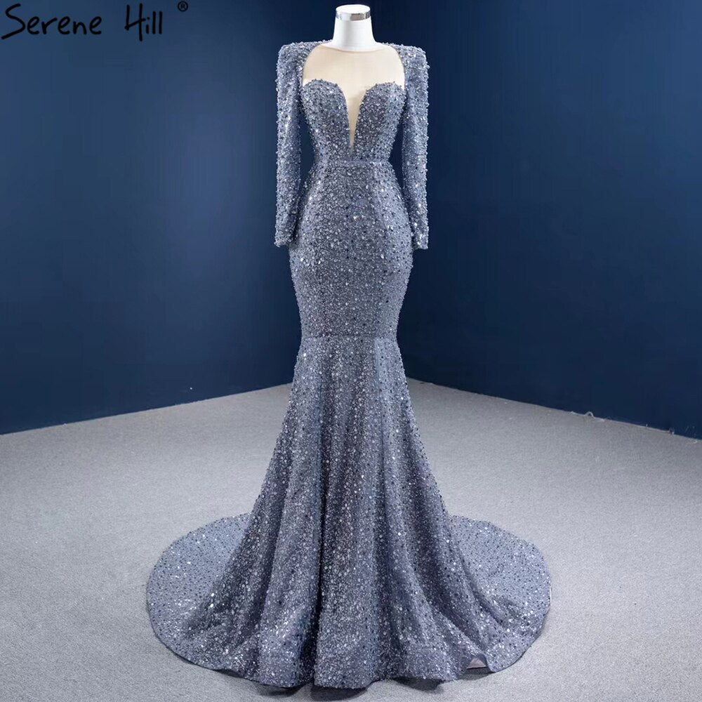 Muslim Grey Mermaid Evening Dresses 2025 Beaded Elegant Luxury Formal Dress HM67272