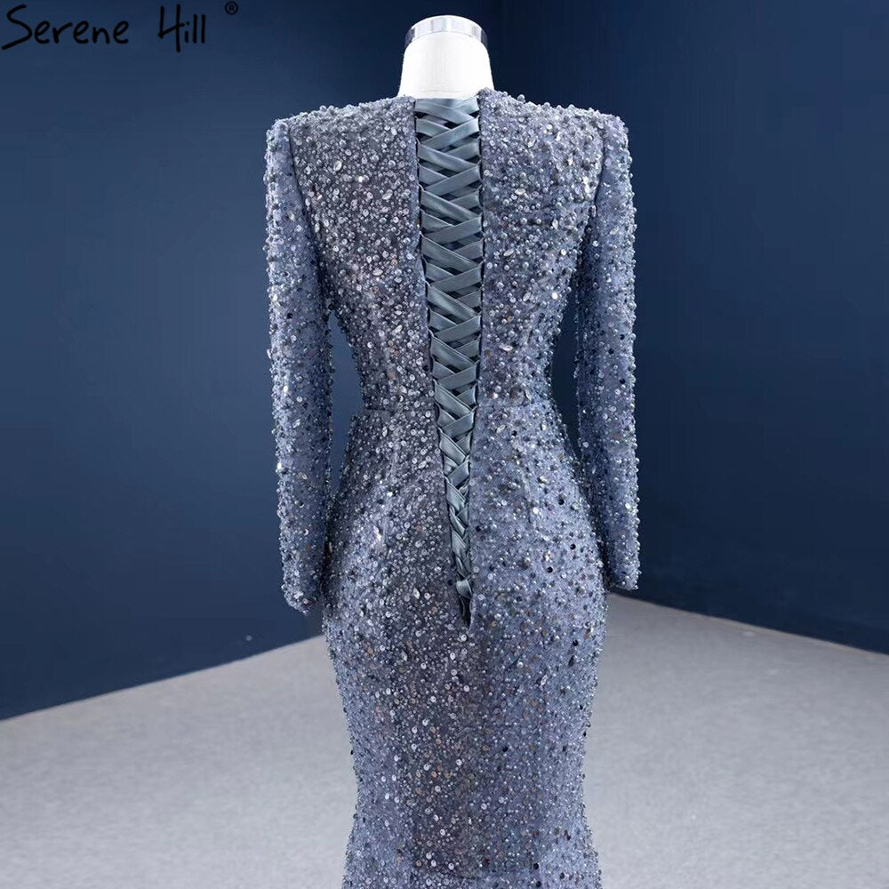 Muslim Grey Mermaid Evening Dresses 2025 Beaded Elegant Luxury Formal Dress HM67272