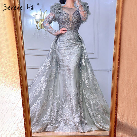 En oferta, sin devolución ni reembolso, vestido de noche musulmán gris de sirena, 2025, con encaje y cuentas de cristal, con sobrefalda para mujer, fiesta LA71172