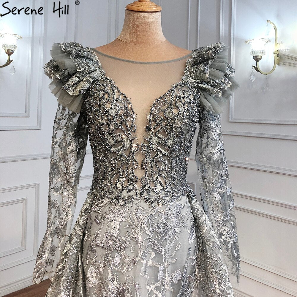 On Sale no return no refund Muslim Grey Mermaid Evening Dresses Gowns 2025 Lace Beaded Crystal With Overskirt For Woman Party  LA71172