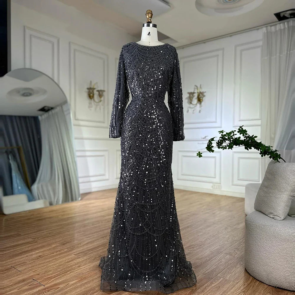 Muslim Grey Mermaid Pearls Beaded Evening Dresses Gowns For Formal Occasion LA72032H 2025