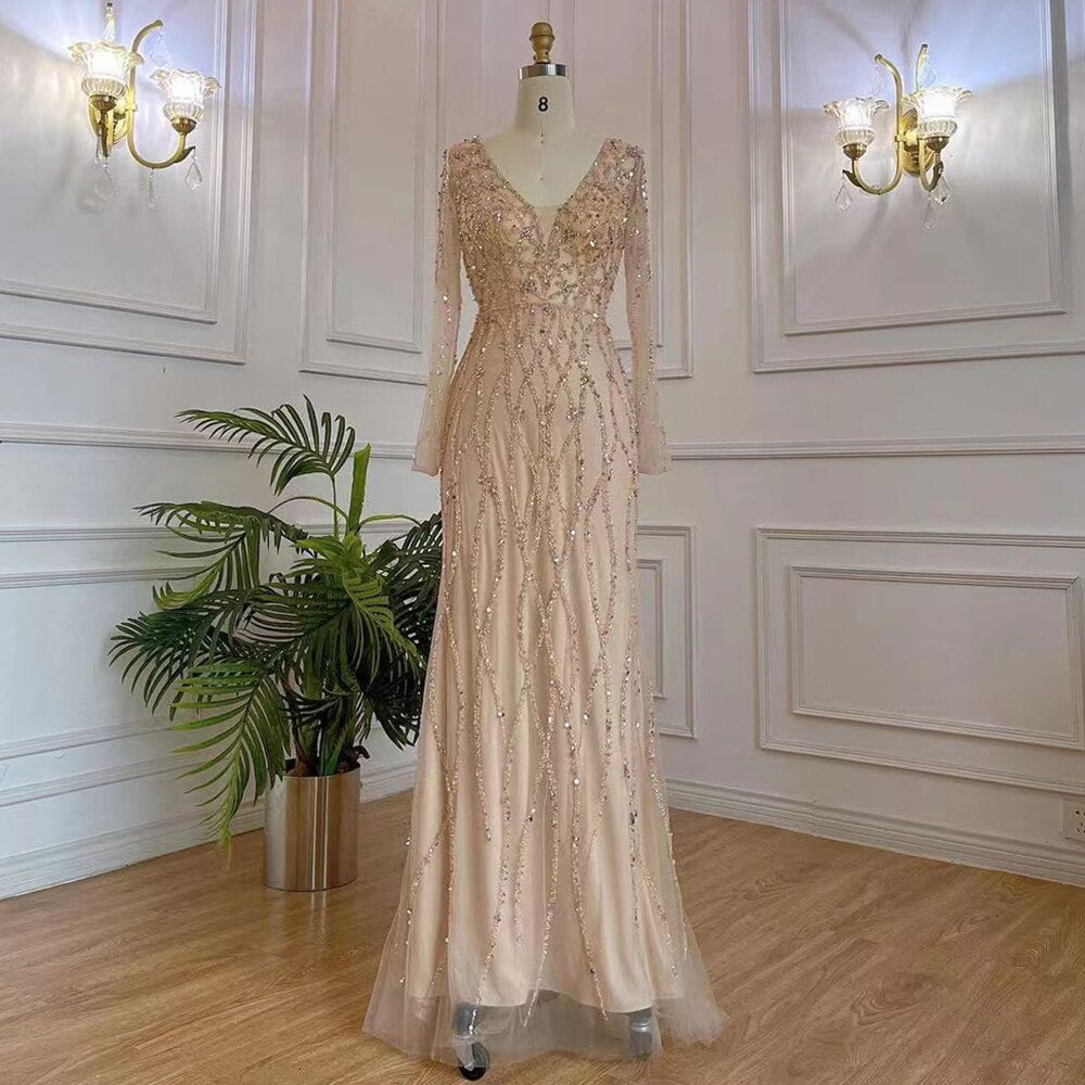 Muslim Grey V Neck Mermaid Beaded Luxury Dubai Evening Dresses 2025 For Women Elegant Party LA71903