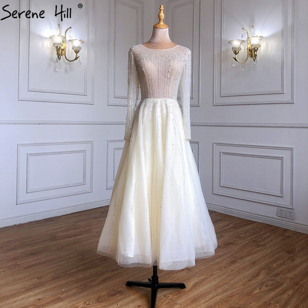 Muslim Ivory Luxury Evening Dresses Gowns 2025 A-Line Ankle-Length Beaded Formal Woman Wedding Party LA71111