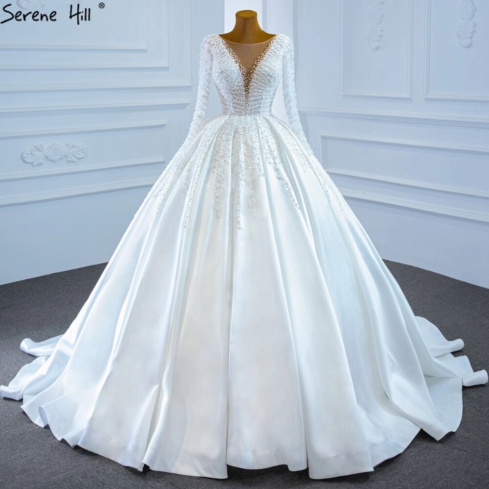 Muslim Ivory Satin Luxury Wedding Dresses Gowns 2025 Beading Pearls Sexy Bride Dress HM67210 Custom Made
