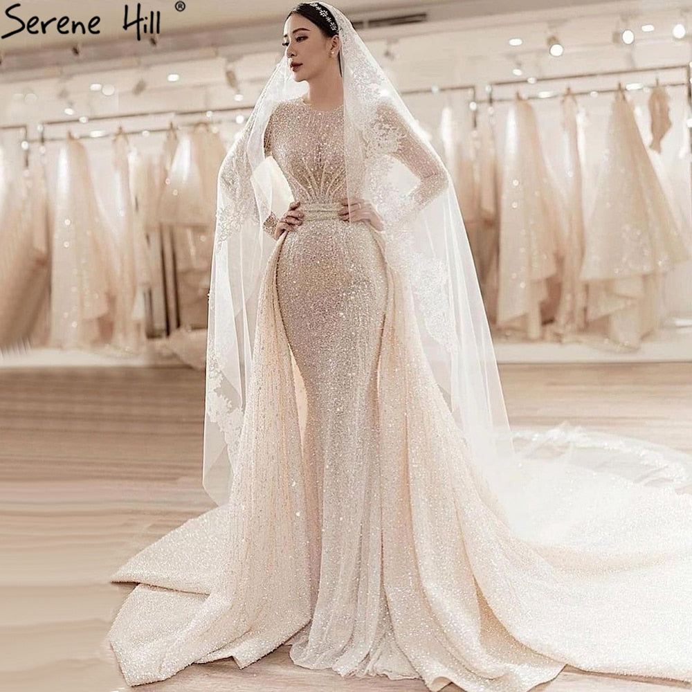 Muslim Ivory With Train Wedding Dresses 2025 Luxury Mermaid Elegant Beading Bride Dress HA2478 Custom Made