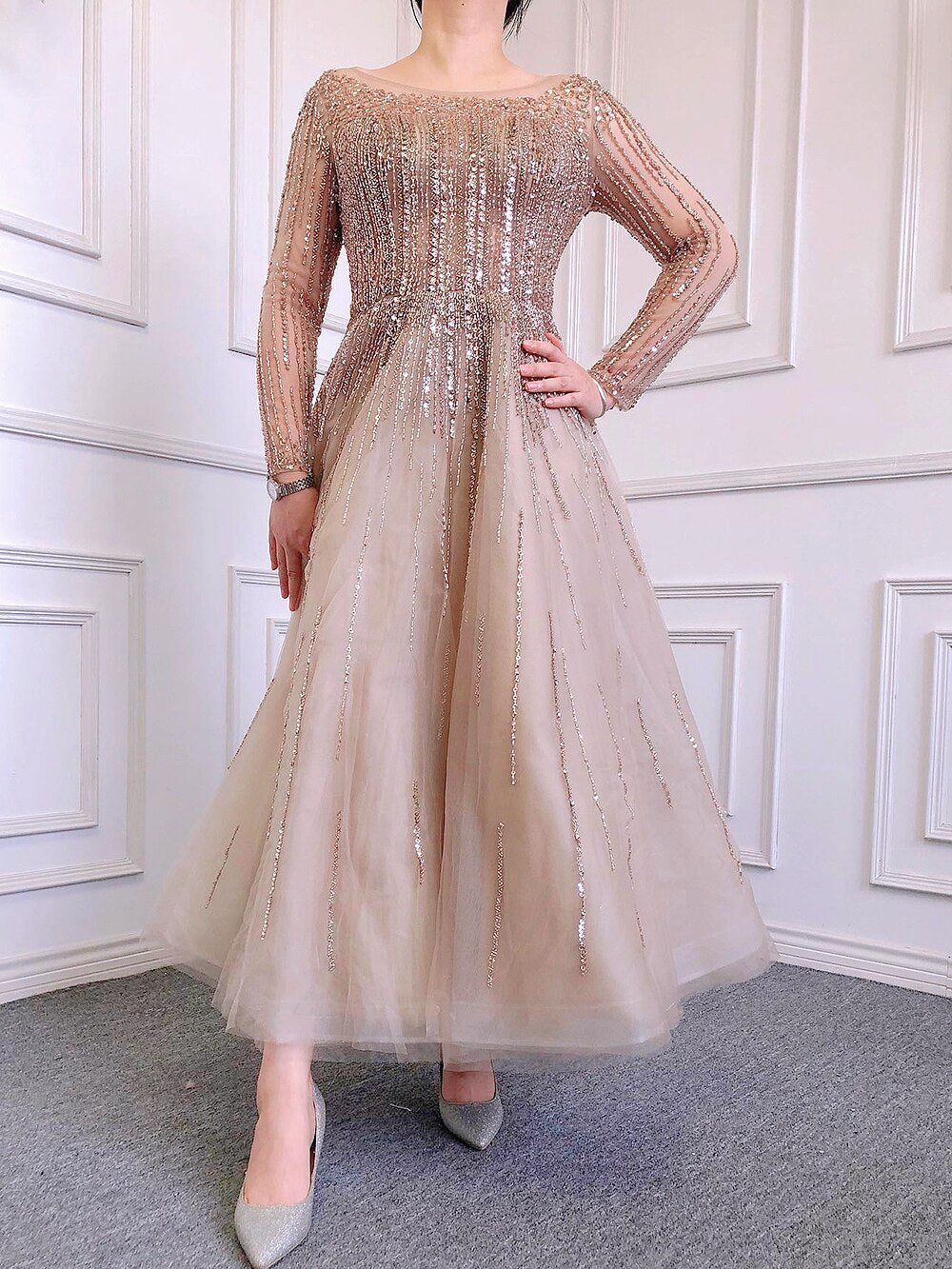 Muslim Luxury Beaded Caramel A-Line Midi Ankle-Length Evening Dresses Gowns 2025 Formal Woman Wedding Party LA71111