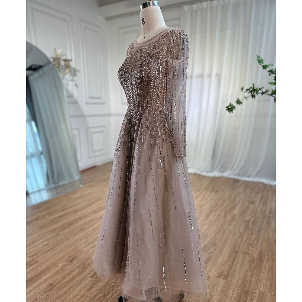 Muslim Luxury Beaded Caramel A-Line Midi Ankle-Length Evening Dresses Gowns 2025 Formal Woman Wedding Party LA71111