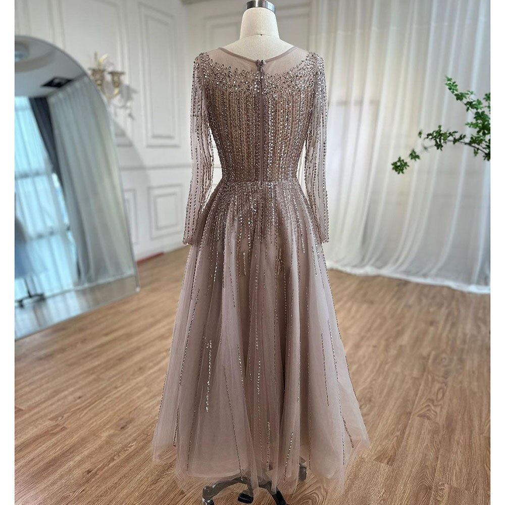 Muslim Luxury Beaded Caramel A-Line Midi Ankle-Length Evening Dresses Gowns 2025 Formal Woman Wedding Party LA71111