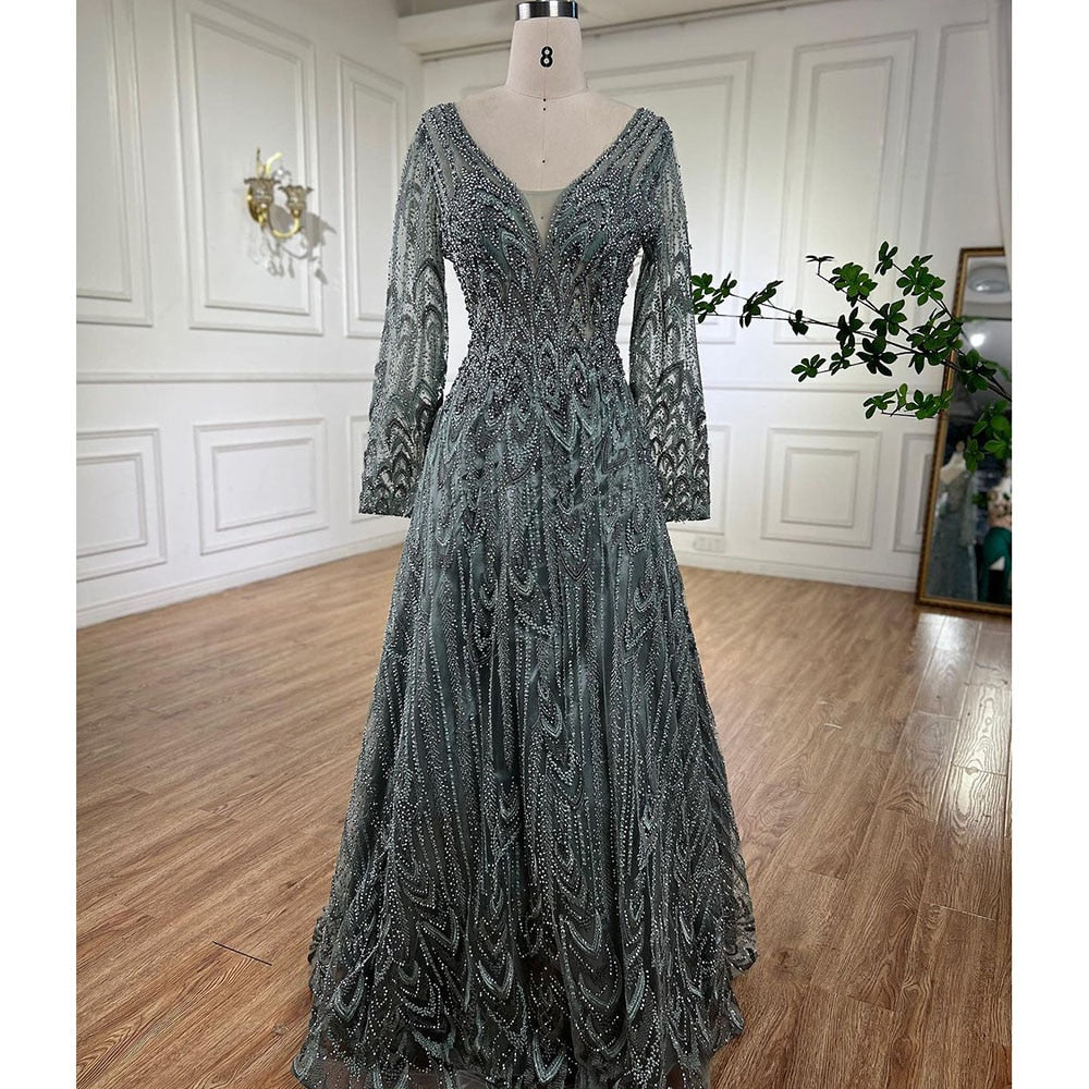 Muslim Luxury Beaded Turquoise A Line Midi Evening Dresses Gowns 2025 Formal Woman Wedding Party LA72122