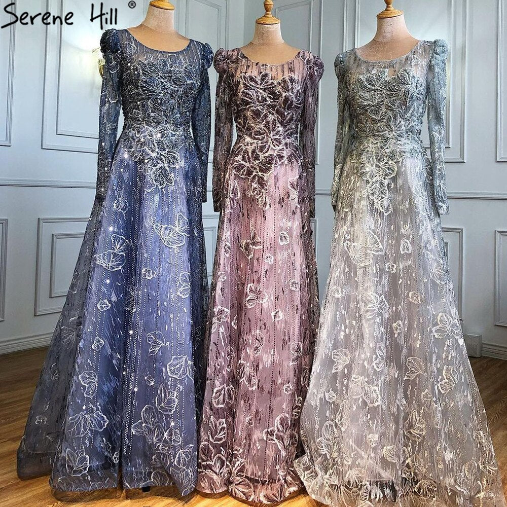 Muslim Luxury Blue Evening Dresses Gowns 2025 Lace Beaded A-Line For Woman Wedding Party LA71231