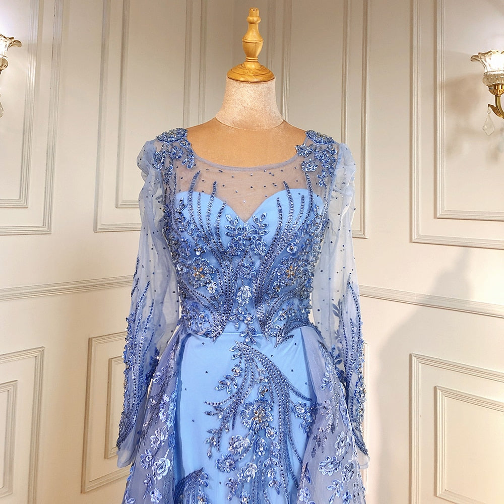 Muslim Luxury Blue Evening Dresses Gowns 2025 Beaded Mermaid Overskirt For Woman Party LA71460