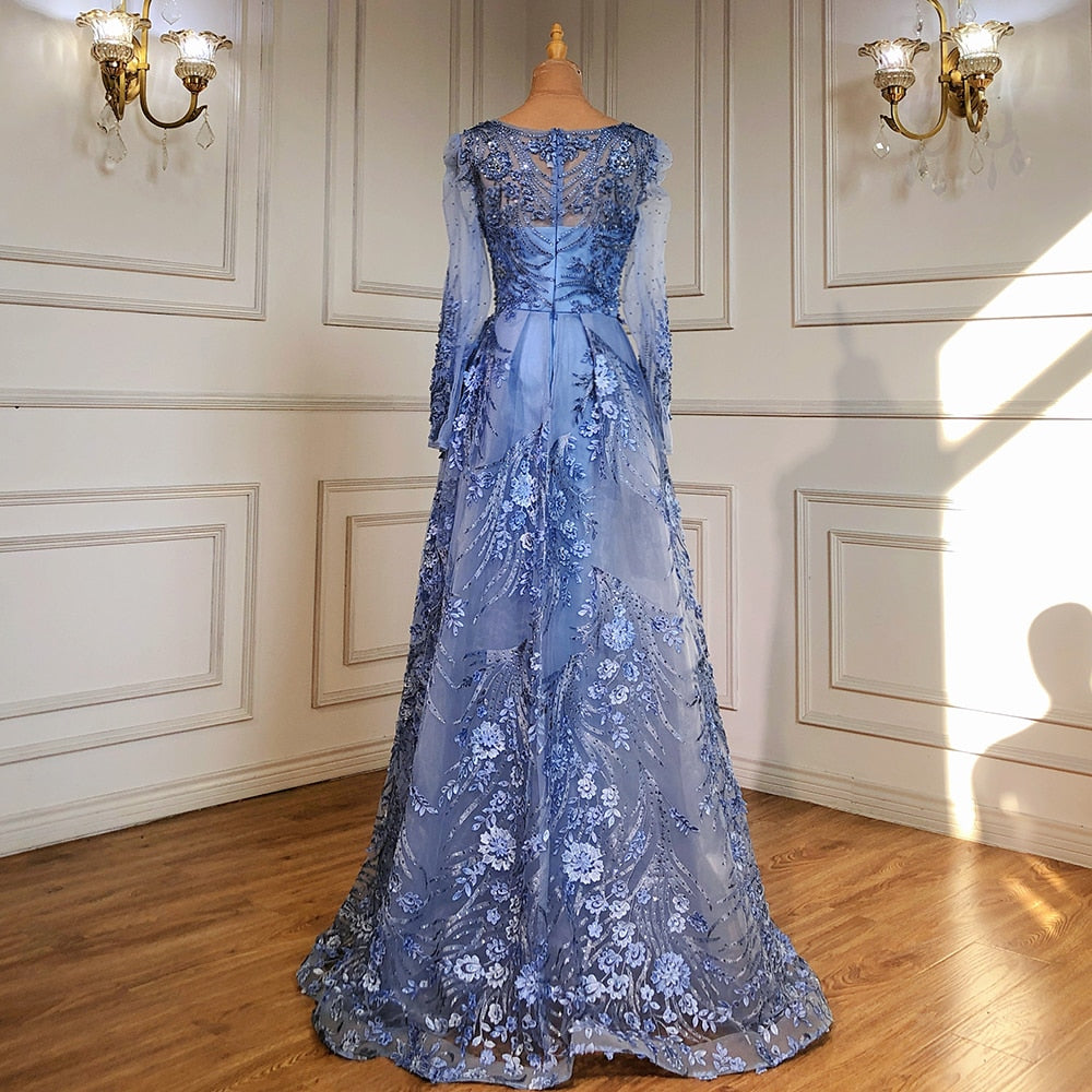 Muslim Luxury Blue Evening Dresses Gowns 2025 Beaded Mermaid Overskirt For Woman Party LA71460