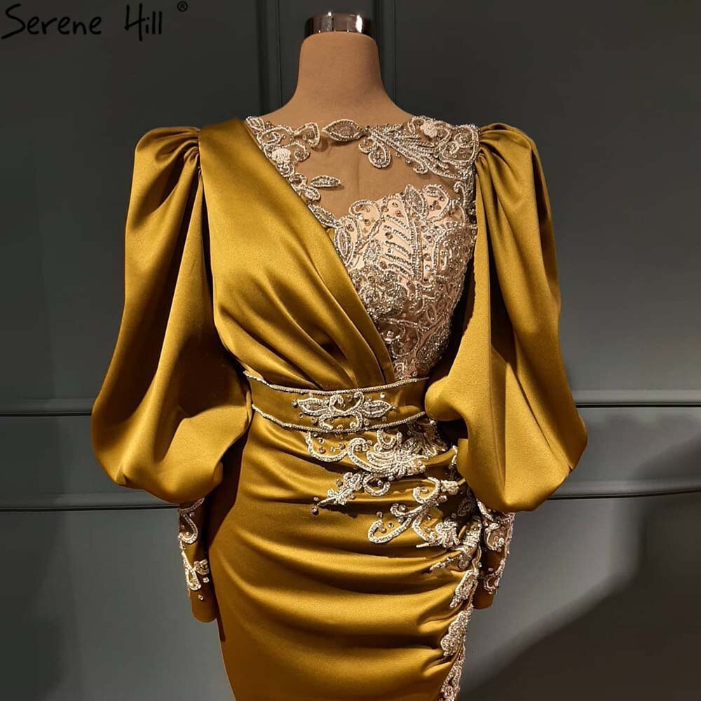 Muslim Luxury Gold Beaded Evening Dresses Gowns 2025 Satin Mermaid Elegant For Women Party LA71409