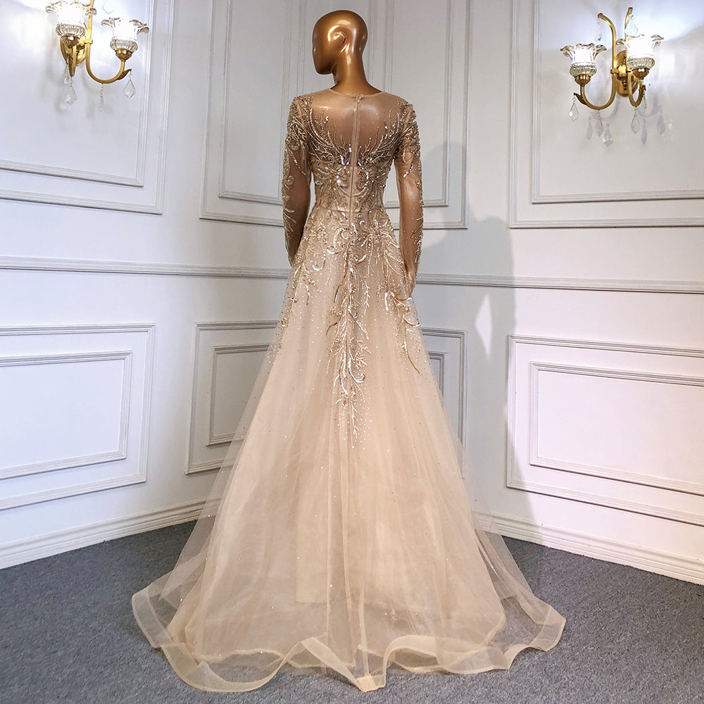 Muslim Luxury Gold Evening Dresses Gowns 2025 Beaded Sparkle A-Line For Women Party LA71605